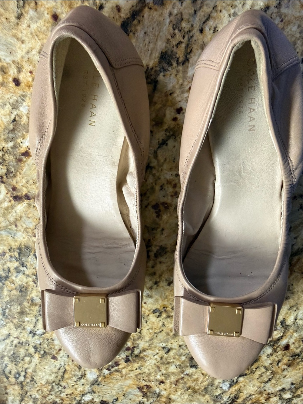 Cole Haan Blush Leather Bow Ballet Flats with Gold Accent